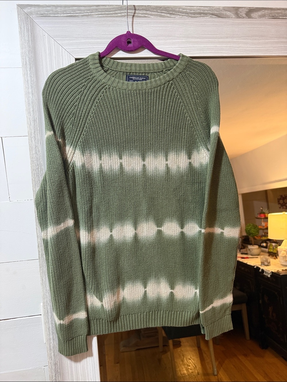 American Eagle Outfitters Olive Green and White Tie-Dye Crewneck Sweater
